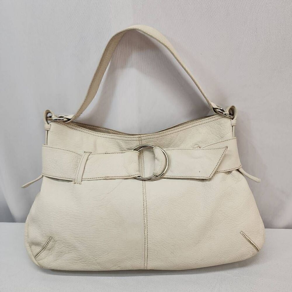 Alfani Women's Leather Hobo Style Cream Handbag Shoulder Strap Belted Embellishe